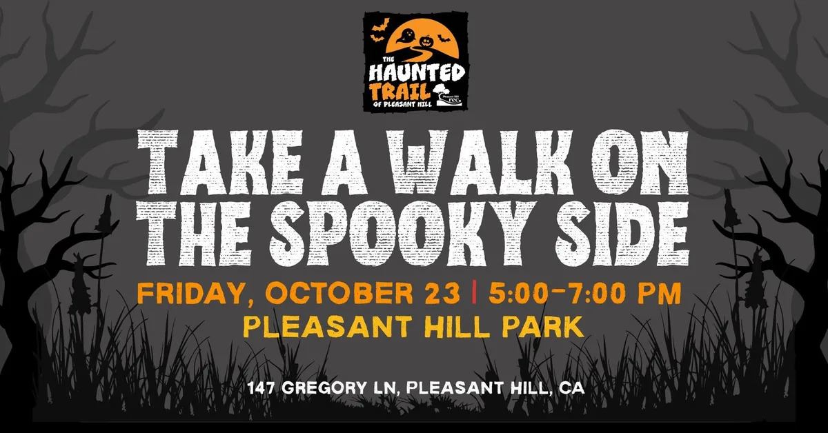 Banner for the Haunted Trail of Pleasant Hill reading Take a Walk on the Spooky Side, with bare trees in silhouette