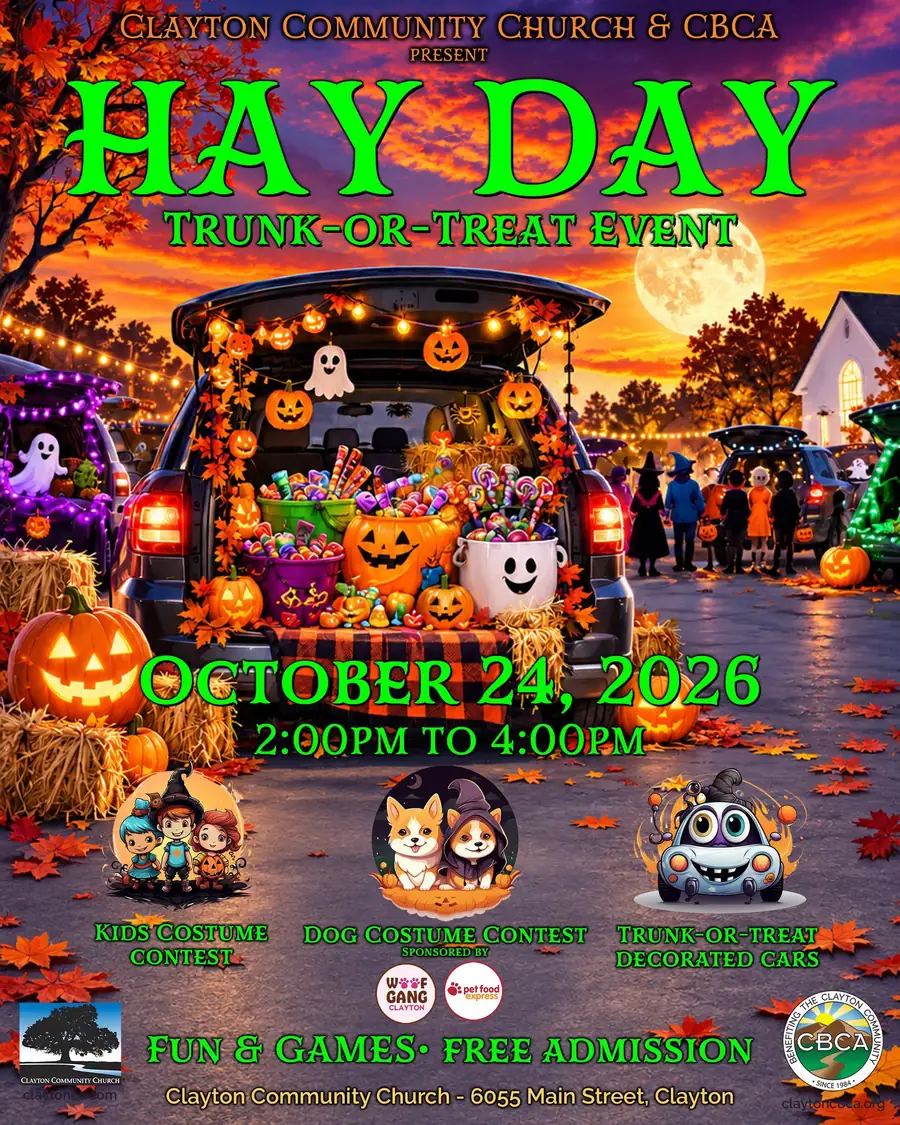 Flyer for Hay Day Trunk-or-Treat in Clayton, showing a car trunk decorated with jack-o'-lanterns and candy under a full moon