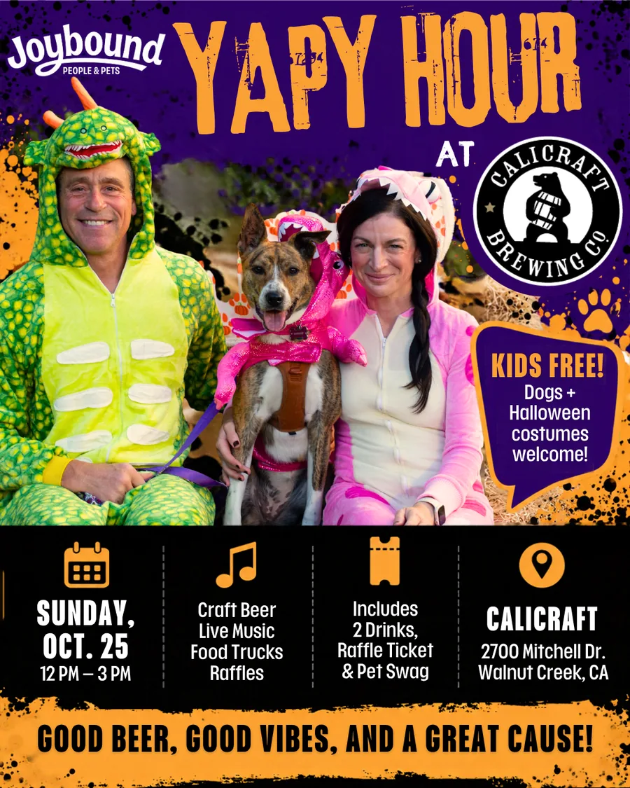 Flyer for Joybound Yappy Hour at Calicraft Brewing, showing two adults in dinosaur costumes with a dog in a pink costume