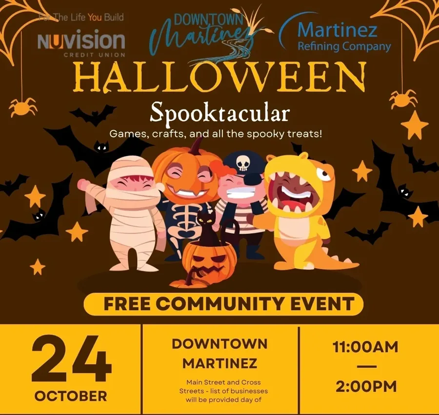 Flyer for the Downtown Martinez Halloween Spooktacular, with cartoon kids in mummy, pumpkin, pirate and dinosaur costumes