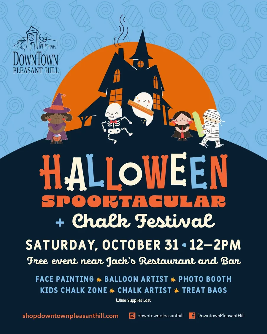 Flyer for the Downtown Pleasant Hill Halloween Spooktacular and Chalk Festival, showing cartoon trick-or-treaters in front of a haunted house