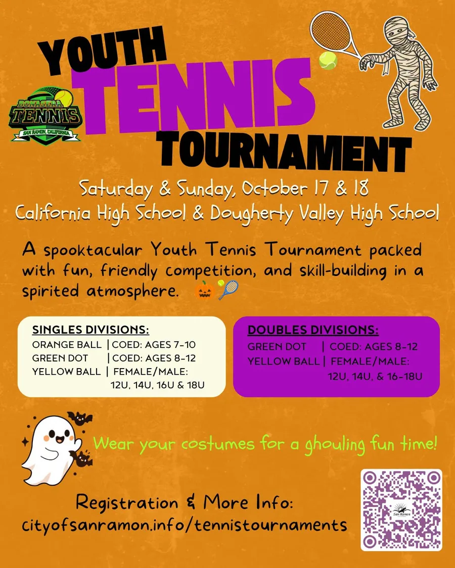 Orange flyer for the San Ramon Halloween Youth Tennis Tournament, with a cartoon mummy holding a tennis racket