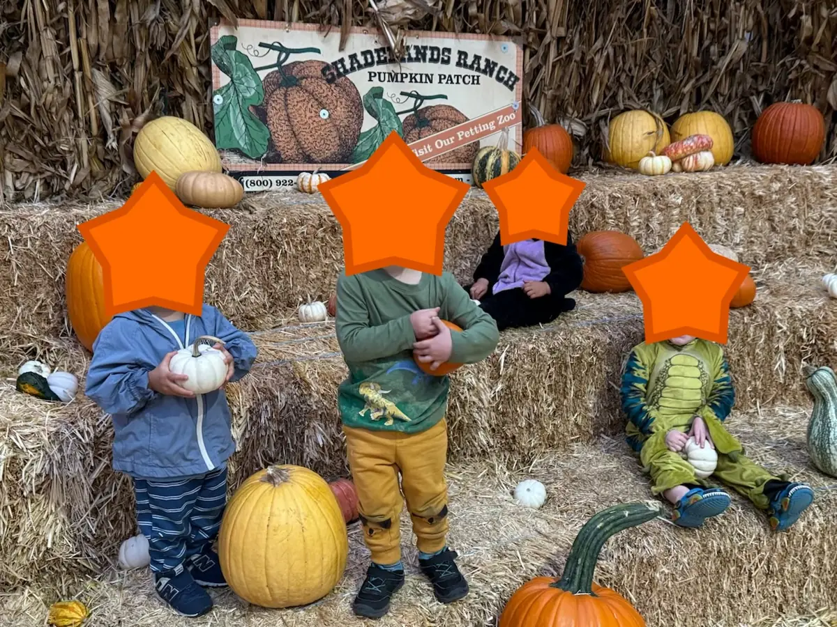Young children holding small pumpkins on hay bales in front of the Shadelands Ranch Pumpkin Patch sign